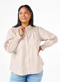 Shirt met strepen en smok, Silver Mink Wh. St., Model