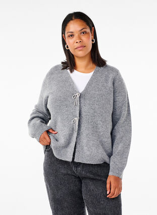 Zizzi Cardigan tricoté avec un nœud en argent, Medium Grey Melange, Model image number 0