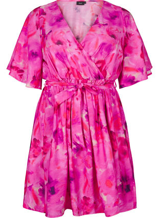 ZizziKnielange jurk met bloemenprint en wikkeleffect, Pink Rose AOP, Packshot image number 0