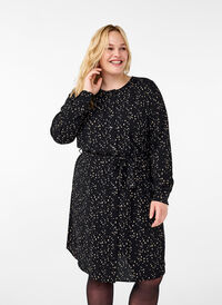 Robe à manches longues avec cordon de serrage, Black w. Dot AOP, Model