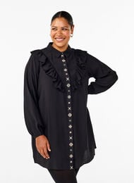 Robe chemise avec volants et broderie, Black, Model