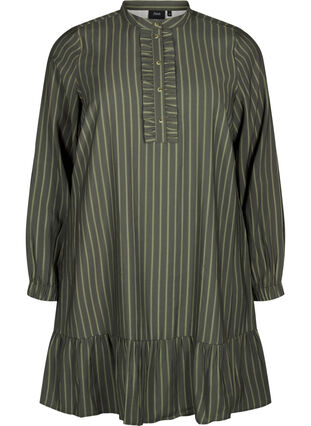 Zizzi Robe courte à rayures et jabot, Thyme Stripe AOP, Packshot image number 0