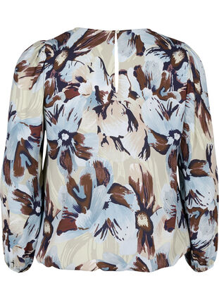 ZizziBlouse met lange mouwen, print en knoop, Grey Flower AOP, Packshot image number 1