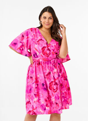 ZizziKnielange jurk met bloemenprint en wikkeleffect, Pink Rose AOP, Model image number 1