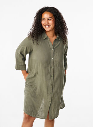 Zizzi Chemise longue en mousseline de coton, Thyme, Model image number 0