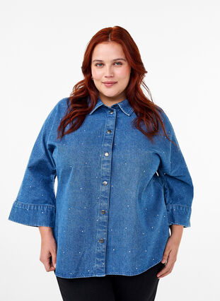 Zizzi Chemise en denim avec strass et manches 3/4, Bl. Denim Rhinestone, Model image number 0