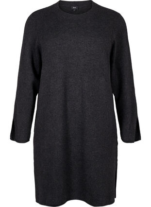 Zizzi Robe en maille à col rond et fendue, Dark Grey Melange, Packshot image number 0