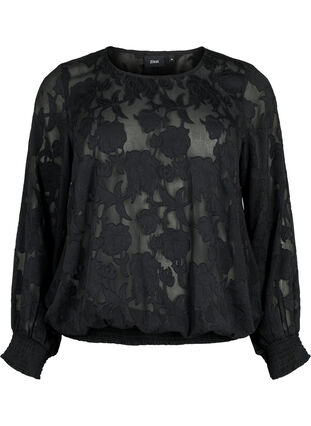 ZizziJacquard blouse met smokwerk, Black, Packshot image number 0