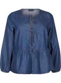 Peplum blouse van denim met striksluiting