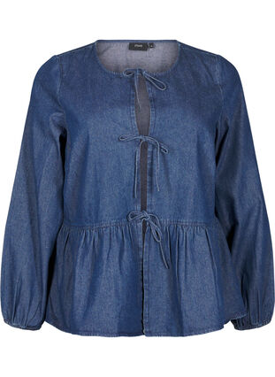 ZizziPeplum blouse van denim met striksluiting, Dark Blue Denim, Packshot image number 0