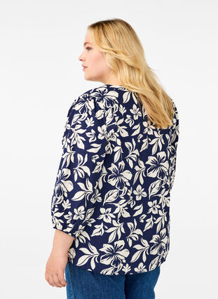 ZizziKatoenen blouse met 3/4 mouwen en print, Naval Academy Flower, Model image number 1