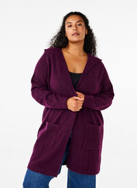 Lang gebreid vest met wol en capuchon, Potent Purple Mel., Model