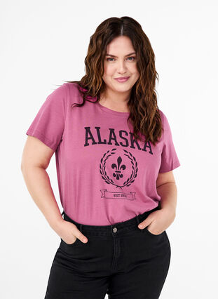 Zizzi T-shirt en coton avec motif de texte, Malaga W. ALASKA, Model image number 0