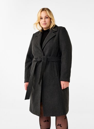 Zizzi Manteau en laine long avec ceinture, Dark Grey Melange, Model image number 0