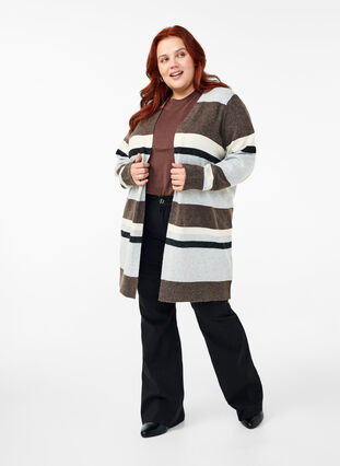 Zizzi Cardigan long en tricot avec rayures larges, Light Grey Mel.Comb, Model image number 2