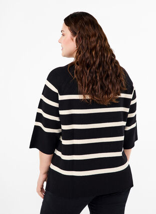 ZizziGebreide blouse met 3/4 mouwen en strepen, Black Birch Stripes, Model image number 1