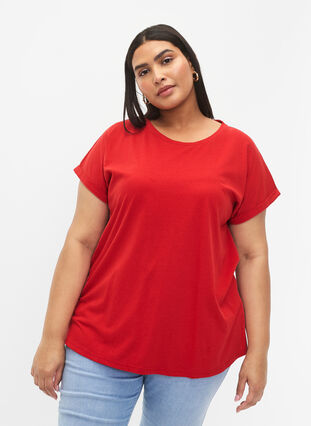 ZizziT-shirt met korte mouwen van katoenmix, Tango Red, Model image number 0