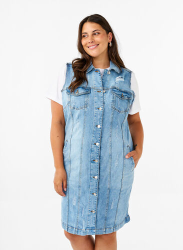 ZizziMouwloze denim jurk met ruwe randdetails, Light Blue Denim, Model image number 0