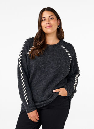 Zizzi Chemisier en tricot avec coutures, Dark Grey White Mel., Model image number 0