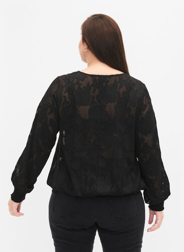 ZizziJacquard blouse met smokwerk, Black, Model image number 1