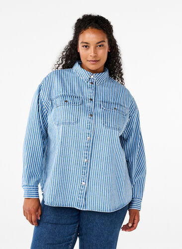 ZizziEffen denim overhemd met borstzakken, Light B.Denim Stripe, Model image number 0