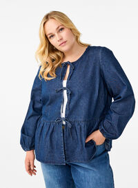 Peplum blouse van denim met striksluiting, Dark Blue Denim, Model