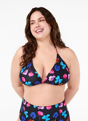 Zizzi Soutien-gorge de bikini triangle avec imprimé, Black Flower AOP, Model image number 0