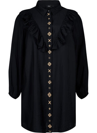 Zizzi Robe chemise avec volants et broderie, Black, Packshot image number 0