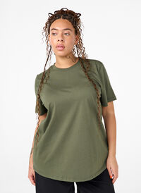 Basic katoenen T-shirt met ronde hals, Thyme, Model