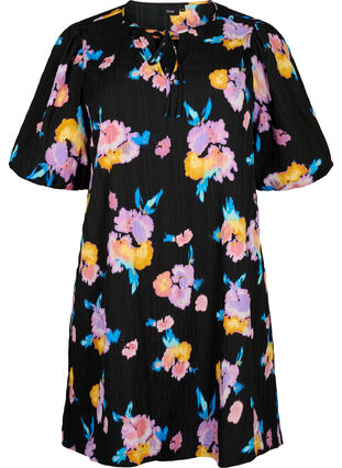 Zizzi Robe à manches courtes bouffantes et à imprimé floral, Black w. flower AOP, Packshot image number 0