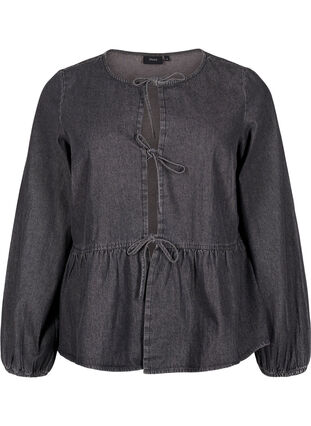 ZizziPeplum blouse van denim met striksluiting, Dark Grey Denim, Packshot image number 0