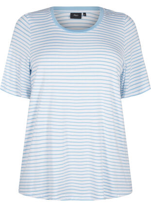 Zizzi T-shirt rayé en Lyocell à col rond, B White Dusk Blue St, Packshot image number 0