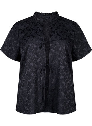 ZizziJacquard blouse met korte mouwen en strikjes, Black, Packshot image number 0