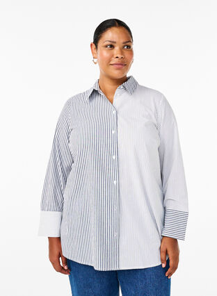 Zizzi Chemise à manches longues avec rayures, Lava Smoke Stripe, Model image number 0