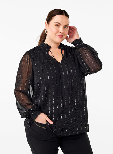 ZizziGestreepte chiffon blouse met strikjes, Black, Model image number 0