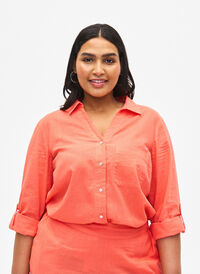 Shirt blouse met knoopsluiting van katoen-linnenmix, Living Coral, Model