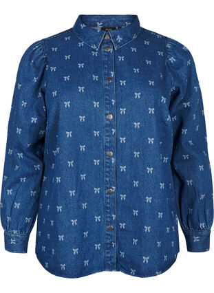 Zizzi Chemise à nœuds en jean, Denim Blue W. Wh.Bow, Packshot image number 0