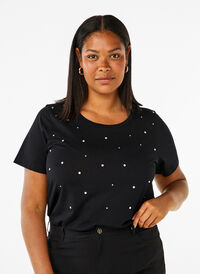 Katoenen T-shirt met strassteentjes, Black, Model