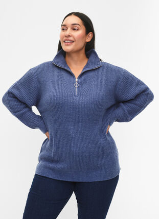 Zizzi FLASH - Pull en tricot avec col haut et fermeture éclair, Coastal Fjord Mel., Model image number 0