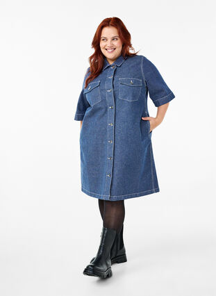 ZizziKrijtstreep spijkerjurk met borstzakken, Blue Denim Stripe, Model image number 2