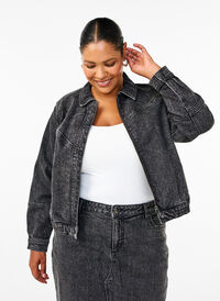 Veste en jean avec fermeture éclair cachée, Dark Grey Denim, Model